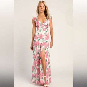 Lulu’s Sensational Spring White Floral Print Ruffled Maxi Dress